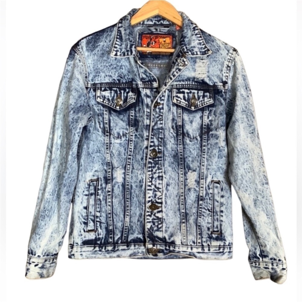 Vintage Rolling Paper acid washed distressed denim jean trucker jacket Sz Small